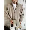 Cardigan Tricotado Gola Torcida Espiga de Trigo Estilo Old Money Retrô Masculino Outono Estilo Preguiçoso Jaqueta Suéter com Zíper Cáqui