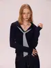 Camiseta de Punto de Manga Larga Azul Marino Retro con Cuello Marino Diseño de Punto Top de Nicho para Mujer Otoño 2025