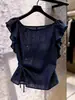 Top de moda estilo francés de manga corta para mujer, nuevo modelo de verano 2026, azul marino con volantes, botones y lazos, de alta gama