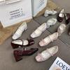 Hermosos Zapatos Estilo Francés con Faldas, Zapatos Mary Jane para Mujer, Zapatos de Tacón Medio de Piel Roja, Elegantes Zapatos de Tacón Alto Estilo Hepburn