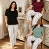 Ropa de casa transfronteriza europea y americana más vendida, conjunto de pantalón largo de manga corta con cuello redondo y estampado floral talla grande, se puede usar afuera como pijama tipo suéter
