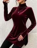 Top largo de terciopelo de cuello alto con abertura para mujer 2026, venta al por mayor transfronteriza, camiseta básica ajustada de manga larga para otoño e invierno