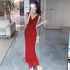 Foto Real de Vestido Rojo de Verano 2026 con Cuello en V y Tirantes Finos para Mujer, Ajustado a la Cintura, Bodycon, para Vacaciones, Estilo Largo