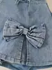 Conjunto de 2 Piezas Verano 2026 de Shorts de Mezclilla, Camiseta de Manga Corta con Estampado Infantil de Color Sólido, Ropa de Playa con Lazo para Niñas