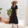 Vestido Cruzado de Cuello en V de Cintura Alta con Tirantes Bola de Piel Vestido de Manga Corta Larga Vestido para Vacaciones Viajes