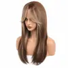 Peluca de fibra de alta temperatura de alta calidad, larga y lisa, de estilo europeo y americano, con raya en medio y flequillo escalonado, color marrón degradado natural para mujer