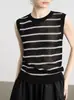 Chaleco de punto a rayas de bloques de color personalizado transfronterizo para mujer europeo y americano, top sin mangas hueco de verano delgado para usar sobre otra ropa