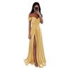 Vestido de dama de honra de cetim com ombros de fora, casamento longo, plissado, linha A, espartilho, vestido formal de baile com fenda