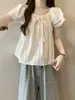 Camisa mint green solta de manga curta com laço e ombros à mostra para mulheres, estilo francês de verão, top que afina e valoriza