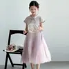 Vestido de Verão com Manga Curta para Meninas Roupas Infantis Vestido Princesa com Manga de Gaze para Meninas Novo Estilo Chinês Estilo Nacional Vestido Cheongsam