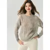 Suéter Campolai 25% seda de amoreira 75% cashmere para mulheres, com estilo descontraído, gola redonda, trança e design em renda, suéter de malha soltinho