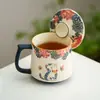Taza de Cerámica Blanca de Roca Mineral de Fábrica con Separador de Agua para Té, Taza Mug Linda con Tapa, Flor de Amor Mariposa, Gato, Taza de Té Individual