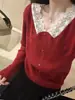 Top de punto con cuello en V y manga larga de encaje de terciopelo Andy para mujer, Capa base ajustada Otoño/Invierno, Suéter Rojo