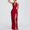 Moda Femenina Transfronteriza Europea y Americana Nueva Otoño 2026: Elegante Vestido de Fiesta con Escote Halter Sexy y Abertura, Color Sólido