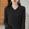 Suéter de punto de algodón puro transfronterizo para mujer, nuevo suéter de canalé de color liso con cuello en V y mangas largas para primavera y otoño, camiseta básica de corte holgado