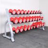 Gimnasio comercial, estudio de enseñanza privado, estante de exhibición hexagonal de tres capas de 15 pares, estante de mancuernas redondo de doble capa de 10 pares y 6 pares