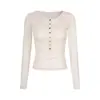 Camiseta de manga larga con patchwork de encaje estilo retro americano y cuello henley para mujer, top de otoño moderno ajustado