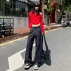 26 Estilo Caliente de Otoño Color Denim Retro Americano Lavado Suelto Pierna Recta Jeans Bordado para Mujer Pantalones de Pierna Ancha con Caída
