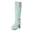Botas femininas de cano alto com plataforma impermeável, sola grossa, salto grosso, salto super alto, fivela de cinto, decoração de zíper, botas femininas longas acima do joelho, estilo cavaleiro