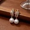 Moda Clips para Orejas de Bobina de Mosquito Sin Dolor Microincrustados de Circonita para Mujer, Pendientes Versátiles de Perla Vintage de Alto Nivel, Ojo de Tigre, Piedra Natural