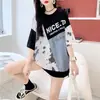 Camiseta Jeans Patchwork Estilo Europeu e Americano para Mulheres, Comprimento Médio, Nova Coleção Verão 2026, Tamanho Grande, Algodão, Gola Redonda, Manga Curta para Mulheres, Atacado