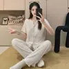 Pijama Feminino Transfronteiriço Primavera e Verão Novo Algodão Cardigan Manga Curta Calça Longa Estilo Princesa Floral Casual Conjunto para Casa