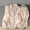 Pijama de Algodão Nuvem para Primavera e Outono Feminino, Conjunto Minimalista com Gola de Renda, Xadrez Azul Claro, Modelagem Solta, Tamanho Grande, Calça de Manga Longa, Roupa de Casa