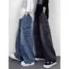 Macacão Jeans Wide Leg Masculino e Feminino 2024 Estilo Hong Kong Masculino Solto Oversize Bolso Grande Calças Street Retro