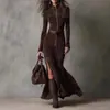 Vestido Largo Estilo Oscuro 2025 Invierno Venta Caliente Transfronteriza Alta Calidad Elegante Temperamento Abertura con Cinturón Cremallera