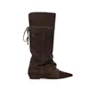 Versión de Piel de Vaca~Botas Vaqueras Occidentales de Punta Puntiaguda Plisadas de Nicho Botines para Mujer Otoño/Invierno Nuevos Caña Ancha Aumento de Altura Interior Botas Martin