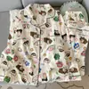 Ropa de Casa de Algodón Nube Otoñal para Mujer Simple Cuadros Gato Negro Manga Larga Pantalones Sueltos Tallas Grandes Dulce Solapa Conjunto de Pijama