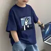 Camiseta esportiva de algodão puro com manga curta estilo coreano para meninos, nova roupa de verão para alunos do ensino fundamental e crianças, blusa respirável de meia manga, camiseta da moda
