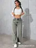 Jeans Grises Holgados de Cintura Baja con Estrellas Doradas de Pedrería, Estilo Americano Nuevo para Mujer, Pantalones de Mezclilla Rectos