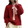 Atuendo atmosférico de Año Nuevo: Cárdigan suéter rojo con ribete de encaje para mujer, perfecto para un look relajado de otoño/invierno