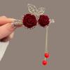 Pasador de terciopelo rojo con diamantes, estilo de lujo ligero, clip lateral de lazo, clip lateral para flequillo brillante con incrustaciones de diamantes, clip de pico de pato, celebridad de internet