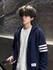 Sudadera con capucha y cremallera estilo High Street americano para hombre, primavera/otoño, estilo fino, cárdigan de tres rayas, prenda exterior holgada, azul marino, ropa de pareja