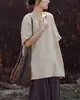 Blusas de Algodão e Linho para Mulheres, Novo Estilo Verão 2026, Roupas Femininas Inspiradas no Zen, Manga Curta com Decote V de Bambu, Camiseta Feminina Artística Versátil Slim-Fit