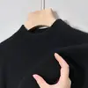 Suéter de Punto Negro de Cuello Alto Medio Otoño para Hombre Estilo Hong Kong Color Sólido Casual Cálido de Gama Alta Estilo Perezoso
