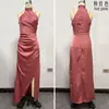 Ropa de Mujer de Comercio Exterior, Vestido de Noche Más Vendido de Amazon, Elegante Vestido Largo de Fiesta Ruched con Abertura y Cuello Halter sin Mangas