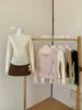 Blusa de Tricô Patchwork com Renda Estilo Levemente Maduro para Mulheres Manga Longa Modeladora Camada Base Suave Estilo Coreano Casual Roupa Feminina