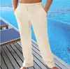 Nuevos Pantalones Casuales de Verano Transpirables para Hombre de Amazon Transfronterizo con Cintura de Cordón, Múltiples Bolsillos, Pantalones Largos de Playa de Algodón y Lino