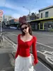 5173 # Estilo Chica Caliente Hombro Derecho Cuello Bajo Diseño de Botones Camiseta de Manga Larga para Mujer Aspecto Adelgazante Todo en Uno con Almohadilla en el Pecho Versátil