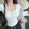 Pure Lace-up Square Collar Sexy Slim-fit Base Shirt Rosa de manga comprida T-shirt Top Feminino Slim-fit Nicho Primavera Interior