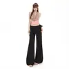 Calça de Terno Cinza e Preta de Cintura Baixa Flare para Mulheres com Design de Cinto Largo, Calça Bootcut Casual Emagrecedora, Atacado de Peça Única