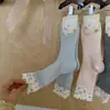 Meias de Renda Floral para Mulheres, Meias de Cano Médio, Meias Finas de Algodão para o Verão, Meias Largas Respiráveis de Malha Estilo Japonês