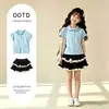 Conjunto de Dos Piezas de Verano para Niñas con Solapa de Color Contrastante Falda de Manga Corta, Estilo Coreano Estilo Universitario Nuevo Conjunto de Falda de Verano para Niños Mayores
