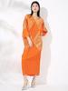 Vestido plisado de moda transfronteriza para mujer, nuevo, elegante, de alta gama, con escote en V, mangas de murciélago bronceadas, suelto, talla grande, vestido largo