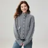 Suéter de Cachemira Cálido de Cuello Alto Nuevo para Otoño e Invierno para Mujer Estilo Engrosado Tejido de Punto Trenzado Cardigan de Botones Ropa de Abrigo de Punto Beige