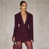 Vestido Blazer Elegante de Cor Sólida com Decote em V Profundo e Cintura Marcada, Estilo Europeu e Americano, Roupas Femininas Outono e Inverno 2025, Transfronteiriço