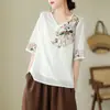 Nova Camisa de Verão 2024 Estilo Étnico Vintage Cor Sólida Gola V Bordado Pesado para Mulheres, Top Casual Versátil Emagrecedor